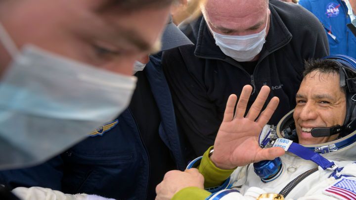 ZHEZKAZGAN, KAZAKHSTAN - SEPTEMBER 27:  In this handout provided by NASA, Expedition 69 NASA astronaut Frank Rubio is helped out of the Soyuz MS-23 spacecraft just minutes after he and Roscosmos cosmonauts Sergey Prokopyev and Dmitri Petelin, landed in a remote area near the town of Zhezkazgan, Kazakhstan on September 27, 2023. The trio are returning to Earth after logging 371 days in space as members of Expeditions 68-69 aboard the International Space Station. For Rubio, his mission is the longest single spaceflight by a U.S. astronaut in history. (Photo by Bill Ingalls/NASA via Getty Images)