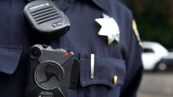 Police officer Kyle Wren wears a body worn camera outside of the Ingleside police station in San Francisco, Calif. on Sept. 1, 2016. Wren was one of the first officers from the Bayview station to field test the cameras before they were issued department-wide. Officers assigned to the Ingleside are the second in line to be outfitted and trained with the cameras. (Photo By Paul Chinn/The San Francisco Chronicle via Getty Images)
