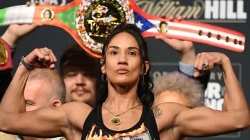 New York , United States - 29 April 2022; Amanda Serrano during the weigh-in, at Hulu Theatre at Madison Square Garden, ahead of her undisputed lightweight championship fight with Katie Taylor, on Saturday night at Madison Square Garden in New York, USA. (Photo By Stephen McCarthy/Sportsfile via Getty Images)