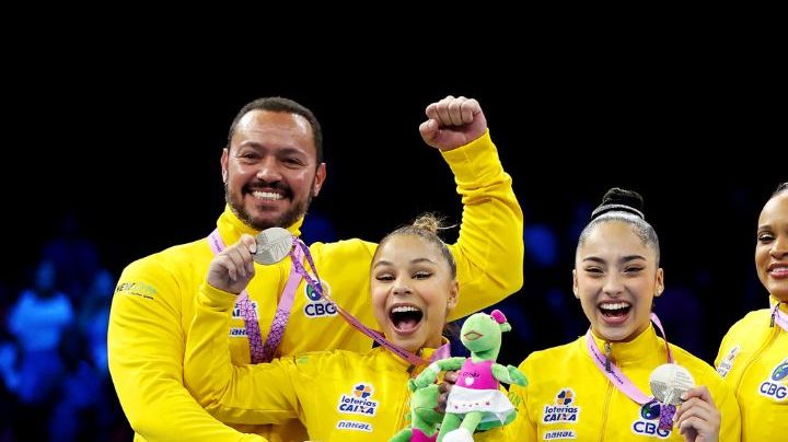 ANTWERP, BELGIUM - OCTOBER 04: Silver medalists of Team Brazil pose for a photo during the medal ceremony for the Women's Team Final on Day Five of the 2023 Artistic Gymnastics World Championships on October 04, 2023 in Antwerp, Belgium. (Photo by Naomi Baker/Getty Images)