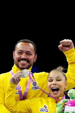 ANTWERP, BELGIUM - OCTOBER 04: Silver medalists of Team Brazil pose for a photo during the medal ceremony for the Women's Team Final on Day Five of the 2023 Artistic Gymnastics World Championships on October 04, 2023 in Antwerp, Belgium. (Photo by Naomi Baker/Getty Images)