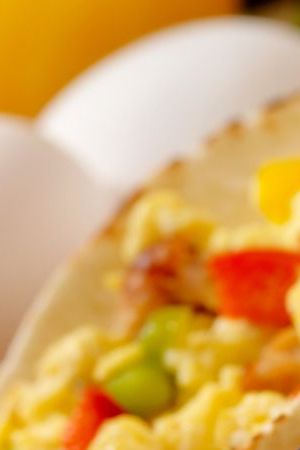 Soft Breakfast Taco with Scrambled Eggs, Sausage,Peppers and Cheddar Cheese - Photographed on Hasselblad H3D2-39mb Camera