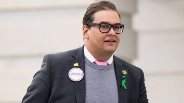 WASHINGTON - SEPTEMBER 28: Rep. George Santos R-N.Y., wearing a no shutdown button walks up the House steps for a vote in the Capitol on Thursday, September 28, 2023. (Bill Clark/CQ-Roll Call, Inc via Getty Images)
