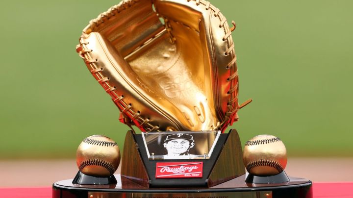 PHILADELPHIA, PENNSYLVANIA - APRIL 08: A Gold Glove award for J.T. Realmuto #10 of the Philadelphia Phillies is seen at Citizens Bank Park on April 08, 2023 in Philadelphia, Pennsylvania. (Photo by Tim Nwachukwu/Getty Images)