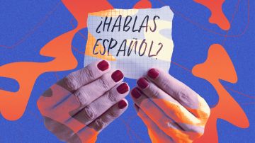 Pair of hands that are holding a piece of paper that says hablas espanol?