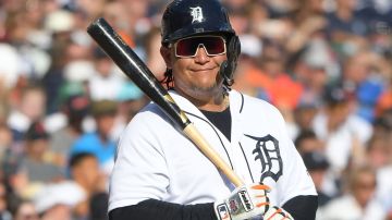 DETROIT, MI - OCTOBER 01: Miguel Cabrera #24 of the Detroit Tigers looks on and smiles while waiting on-deck to bat during the game against the Cleveland Guardians at Comerica Park on October 1, 2023 in Detroit, Michigan. The Tigers defeated the Guardians 5-2. Today was Cabreras' final Major League game. (Photo by Mark Cunningham/MLB Photos via Getty Images)