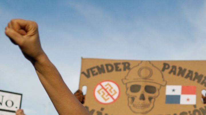 Demonstrators take part in a protest against the contract for the Canadian mining company FQM, in front of the National Assembly in Panama City on October 23, 2023. The National Assembly of Panama approved a bill with Minera Panama, a subsidiary of Canadian First Quantum Minerals (FQM), to exploit the largest open-pit copper mine in Central America, while protests continue in rejection of that controversial pact. (Photo by ROBERTO CISNEROS / AFP) (Photo by ROBERTO CISNEROS/AFP via Getty Images)