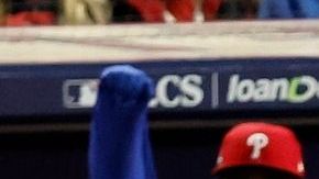 PHILADELPHIA, PENNSYLVANIA - OCTOBER 16: Brandon Marsh #16 of the Philadelphia Phillies runs to first base for a single in the fourth inning against the Arizona Diamondbacks during Game One of the Championship Series at Citizens Bank Park on October 16, 2023 in Philadelphia, Pennsylvania. (Photo by Sarah Stier/Getty Images)