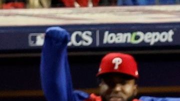 PHILADELPHIA, PENNSYLVANIA - OCTOBER 16: Brandon Marsh #16 of the Philadelphia Phillies runs to first base for a single in the fourth inning against the Arizona Diamondbacks during Game One of the Championship Series at Citizens Bank Park on October 16, 2023 in Philadelphia, Pennsylvania. (Photo by Sarah Stier/Getty Images)