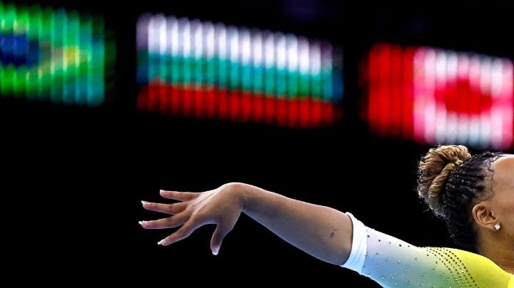 Brasil's Rebeca Andrade competes in the Women's Floor Final during the 52nd FIG Artistic Gymnastics World Championships, in Antwerp, northern Belgium, on October 8, 2023. (Photo by KENZO TRIBOUILLARD / AFP) (Photo by KENZO TRIBOUILLARD/AFP via Getty Images)