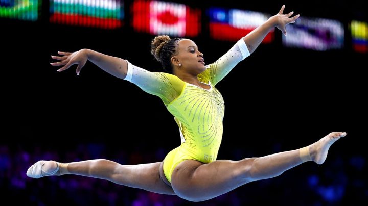 Brasil's Rebeca Andrade competes in the Women's Floor Final during the 52nd FIG Artistic Gymnastics World Championships, in Antwerp, northern Belgium, on October 8, 2023. (Photo by KENZO TRIBOUILLARD / AFP) (Photo by KENZO TRIBOUILLARD/AFP via Getty Images)