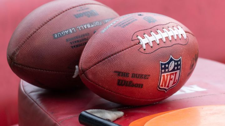 02 November 2023, Hesse, Frankfurt/Main: American football ; NFL, Before the season game Kansas City Chiefs vs. Miami Dolphins in Frankfurt: Balls with NFL logo Photo: Jürgen Kessler/dpa (Photo by Jürgen Kessler/picture alliance via Getty Images)