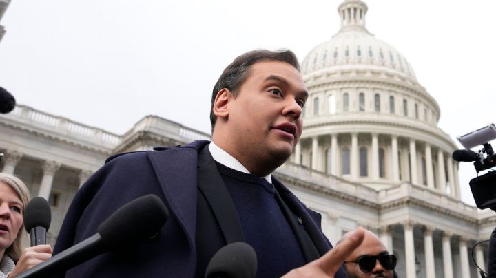 WASHINGTON, DC - DECEMBER 01: Rep. George Santos (R-NY) is surrounded by journalists as he leaves the U.S. Capitol after his fellow members of Congress voted to expel him from the House of Representatives on December 01, 2023 in Washington, DC. Charged by the U.S. Department of Justice with 23 felonies in New York including fraud and campaign finance violations, Santos, 35, was expelled from the House of Representatives by a vote of 311-114. Santos is only the sixth person in U.S. history to be expelled from the House of Representatives. (Photo by Drew Angerer/Getty Images)