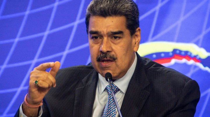 CARACAS, VENEZUELA - JULY 8: President of Venezuela Nicolas Maduro speaks during a joint speech with Barbados Prime Minister Mia Mottley as part of an official visit at the Miraflores Palace on July 8, 2023 in Caracas, Venezuela. (Photo by Carlos Becerra/Getty Images)