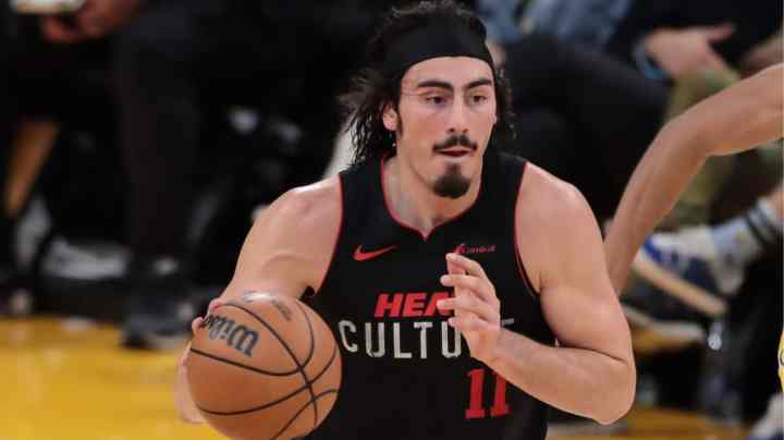 LOS ANGELES, CA - JANUARY 03: Miami Heat guard Jaime Jaquez Jr. (11) dribbles down the court during the NBA game between the Miami Heat and the Los Angeles Lakers on January 03, 2024, at Crypto.com Arena in Los Angeles, CA. (Photo by Jevone Moore/Icon Sportswire via Getty Images)