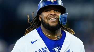 TORONTO, ON - SEPTEMBER 26: Toronto Blue Jays First base Vladimir Guerrero Jr. (27) smiles during the MLB baseball regular season game between the Tampa Bay Rays and the Toronto Blue Jays on September 29, 2023, at Rogers Centre in Toronto, ON, Canada. (Photo by Julian Avram/Icon Sportswire via Getty Images)