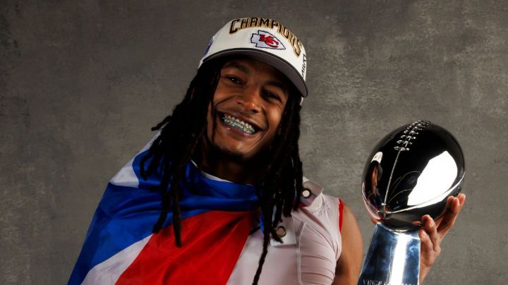 LAS VEGAS, NEVADA - FEBRUARY 11: Isiah Pacheco #10 of the Kansas City Chiefs poses for a portrait with the Vince Lombardi Trophy after Super Bowl LVIII against the San Francisco 49ers at Allegiant Stadium on February 11, 2024 in Las Vegas, Nevada. (Photo by Ryan Kang/Getty Images)