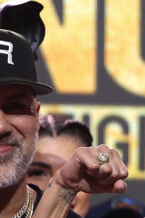 SAN JUAN, PUERTO RICO - MARCH 01: Amanda Serrano (L) and Nina Meinke pose during the weigh in for Serrano's IBF, WBO and WBA featherweight women's titles at Distrito T-Mobile on March 01, 2024 in San Juan, Puerto Rico. They will fight at Coliseo de Puerto Rico on March 2, 2024. (Photo by Al Bello/Getty Images)