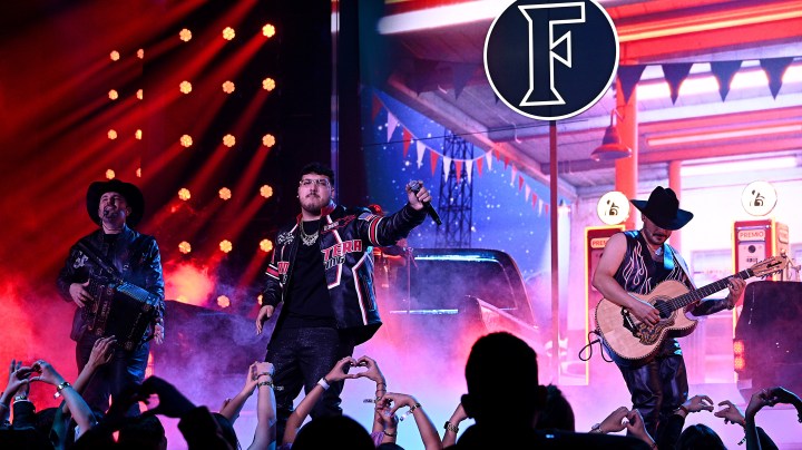 MIAMI, FLORIDA - FEBRUARY 22: (L-R) Juan Javier Cantú, Adelaido Solis III and Alberto Acosta of Grupo Frontera perform onstage during Univision's 36th Premio Lo Nuestro at Kaseya Center on February 22, 2024 in Miami, Florida. (Photo by Ivan Apfel/Getty Images)