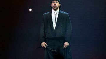 LAS VEGAS, NEVADA - FEBRUARY 23: Bad Bunny performs during a stop of the Most Wanted Tour at T-Mobile Arena on February 23, 2024 in Las Vegas, Nevada. (Photo by David Becker/Getty Images)