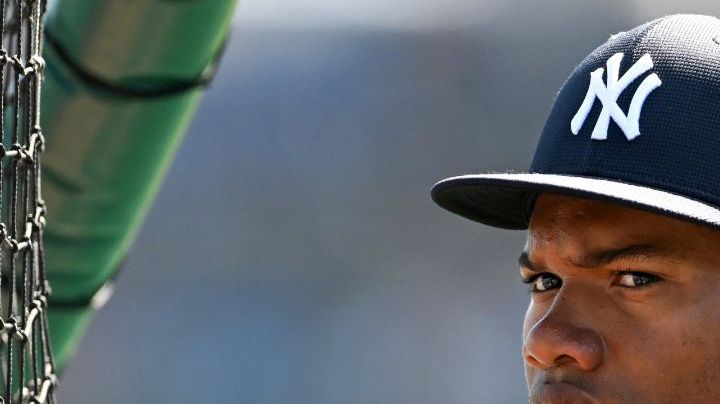 LAKELAND, FLORIDA - MARCH 14, 2024: Oscar Gonzalez #72 of the New York Yankees looks on prior to a spring training game against the Detroit Tigers at Publix Field at Joker Marchant Stadium on March 14, 2024 in Lakeland, Florida. (Photo by Nick Cammett/Diamond Images via Getty Images)