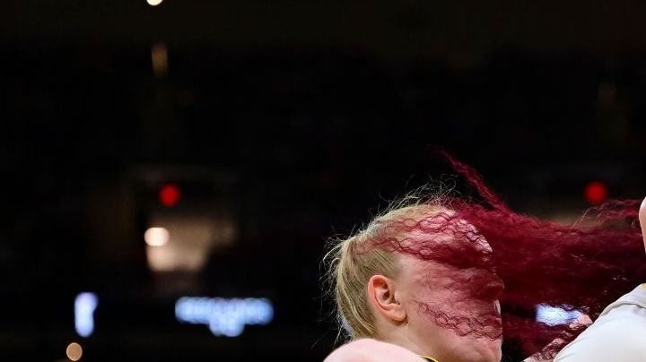 CLEVELAND, OHIO - APRIL 7: Kamilla Cardoso #10 of the South Carolina Gamecocks spins around a defender against the Iowa Hawkeyes during the NCAA Women's Basketball Tournament National Championship at Rocket Mortgage Fieldhouse on April 7, 2024 in Cleveland, Ohio. (Photo by Ben Solomon/NCAA Photos via Getty Images)