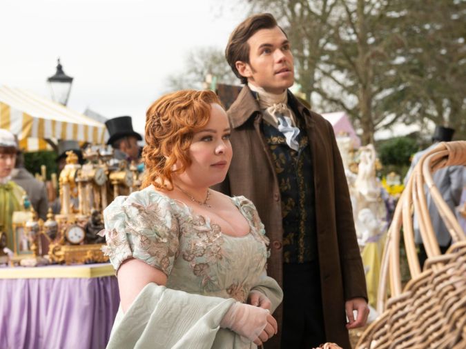 Bridgerton. (L to R) Nicola Coughlan as Penelope Featherington, Luke Newton as Colin Bridgerton in episode 302 of Bridgerton. Cr. Liam Daniel/Netflix © 2024