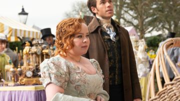 Bridgerton. (L to R) Nicola Coughlan as Penelope Featherington, Luke Newton as Colin Bridgerton in episode 302 of Bridgerton. Cr. Liam Daniel/Netflix © 2024