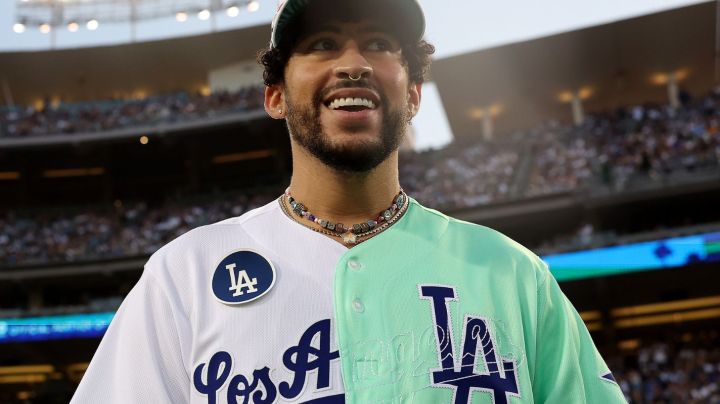 LOS ANGELES, CA - JULY 16: Bad Bunny looks on during the MGM All-Star Celebrity Softball Game at Dodger Stadium on Saturday, July 16, 2022 in Los Angeles, California. (Photo by Mary DeCicco/MLB Photos via Getty Images)