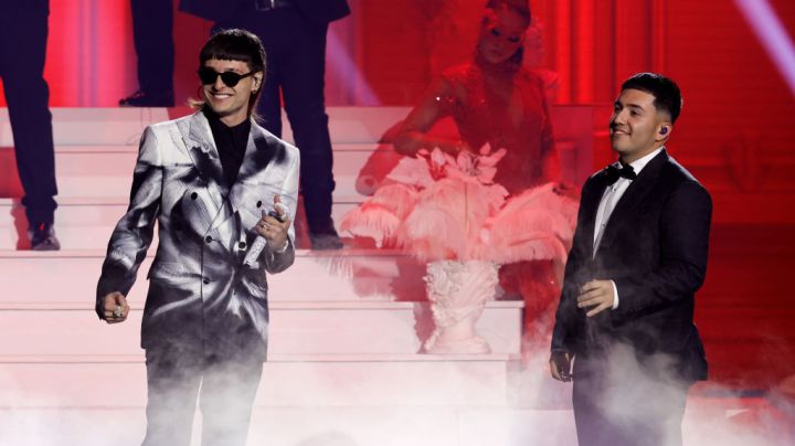 Peso Pluma and Pedro Tovar of Eslabon Armado perform onstage during The 24th Annual Latin Grammy Awards