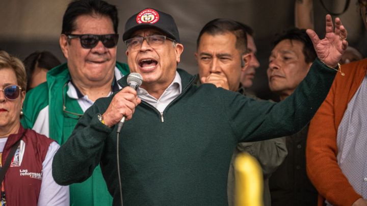 BOGOTA, COLOMBIA - MAY 1: President of Colombia Gustavo Petro gives a speech as part of the 2024 International Workers Day on May 1, 2024 in Bogota, Colombia. Different unions have called workers in Bogotá and around the country to march on International Workers Day. Leaders of some factions like Percy Oyola of the Confederación General del Trabajo (CGT) have told that president Petro is invited to walk alongside the workers while other groups are against this measure and have expressed that the activities have taken on political overtones. (Photo by Diego Cuevas/Getty Images)