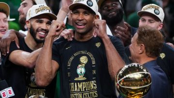 Boston, MA - June 17: Boston Celtics center Al Horford celebrates after winning Game 5 of the 2024 NBA Finals. (Photo by Barry Chin/The Boston Globe via Getty Images)
