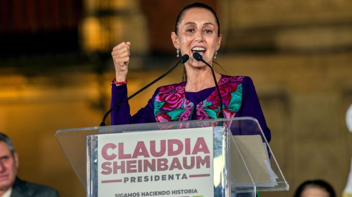 03 June 2024, Mexico, Mexiko-Stadt: Claudia Sheinbaum (M) speaks during an event on the Zocalo to celebrate her victory in the presidential election. According to the official projection, the left-wing government candidate Claudia Sheinbaum has won the presidential election in Mexico. Photo: Jair Cabrera Torres/dpa (Photo by Jair Cabrera Torres/picture alliance via Getty Images)