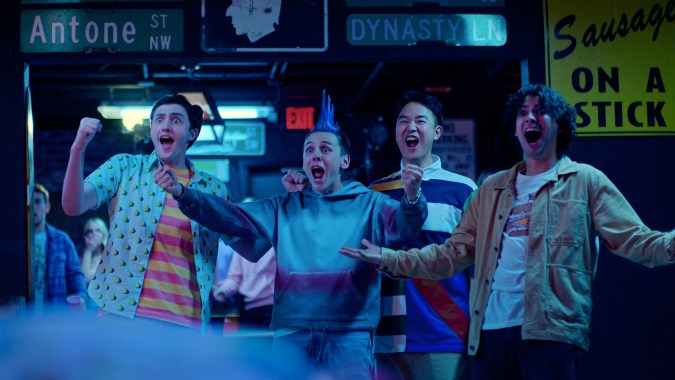 Cobra Kai. (L to R) Gianni DeCenzo as Demetri, Jacob Bertrand as Eli 'Hawk' Moskowitz, Joe Seo as Kyler, Xolo Maridueña as Miguel Diaz in Cobra Kai. Cr. Courtesy of Netflix © 2024