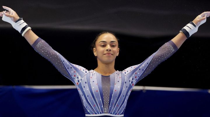 MINNEAPOLIS, MINNESOTA - JUNE 30: Hezly Rivera prepares for her uneven bars routine on Day Four of the 2024 U.S. Olympic Team Gymnastics Trials at Target Center on June 30, 2024 in Minneapolis, Minnesota. (Photo by Elsa/Getty Images)