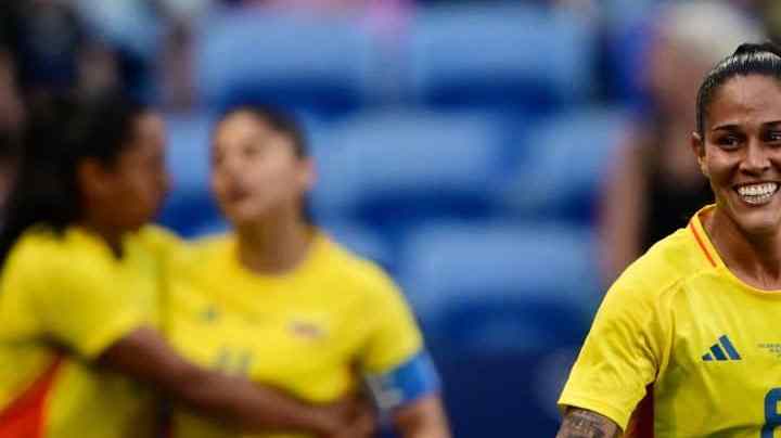 Colombia's midfielder #08 Marcela Restrepo celebrates after scoring the opening goal during the women's group A football match between New Zealand and Colombia of the Paris 2024 Olympic Games at the Lyon Stadium in Lyon on July 28, 2024. (Photo by Olivier CHASSIGNOLE / AFP) (Photo by OLIVIER CHASSIGNOLE/AFP via Getty Images)