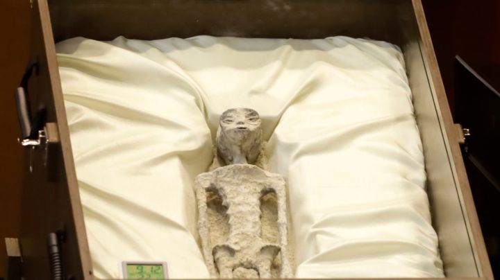 September 12, 2023, Mexico City, Mexico: A specimen known as the Nazca Mummy is displayed at the Mexico Public Hearing on Unidentified Anomalous Phenomena in the Chamber of Deputies in Mexico City. (Photo by Luis Barron / Eyepix Group). (Photo credit should read Luis Barron / Eyepix Group/Future Publishing via Getty Images)