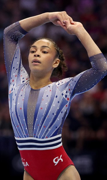 MINNEAPOLIS, MINNESOTA - JUNE 30: Hezly Rivera competes on the floor exercise on Day Four of the 2024 U.S. Olympic Team Gymnastics Trials at Target Center on June 30, 2024 in Minneapolis, Minnesota. (Photo by Elsa/Getty Images)
