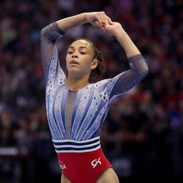 MINNEAPOLIS, MINNESOTA - JUNE 30: Hezly Rivera competes on the floor exercise on Day Four of the 2024 U.S. Olympic Team Gymnastics Trials at Target Center on June 30, 2024 in Minneapolis, Minnesota. (Photo by Elsa/Getty Images)