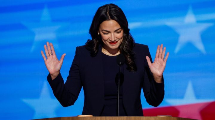 CHICAGO, ILLINOIS - AUGUST 19: Rep. Alexandria Ocasio-Cortez (AOC) speaks onstage during the first day of the Democratic National Convention at the United Center on August 19, 2024 in Chicago, Illinois. Delegates, politicians, and Democratic party supporters are in Chicago for the convention, concluding with current Vice President Kamala Harris accepting her party's presidential nomination. The DNC takes place from August 19-22. (Photo by Chip Somodevilla/Getty Images)