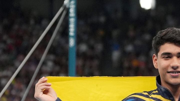 05 August 2024, France, Paris: Olympics, Paris 2024, gymnastics, high bar, men, final, Angel Barajas from Colombia celebrates silver. Photo: Marcus Brandt/dpa (Photo by Marcus Brandt/picture alliance via Getty Images)