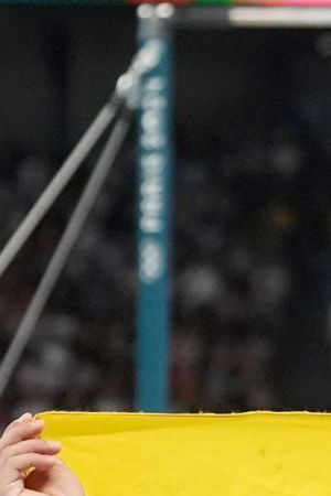05 August 2024, France, Paris: Olympics, Paris 2024, gymnastics, high bar, men, final, Angel Barajas from Colombia celebrates silver. Photo: Marcus Brandt/dpa (Photo by Marcus Brandt/picture alliance via Getty Images)