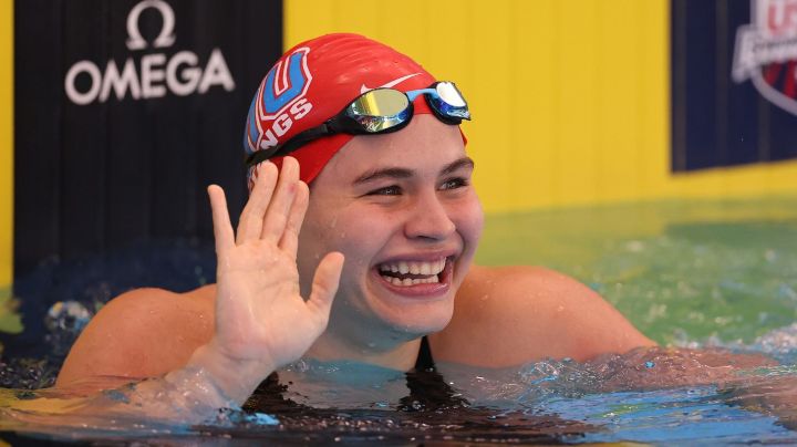 WESTMONT, ILLINOIS - APRIL 13: Luana Alonso of Paraguay reacts after winning the Women's 100 Meter Butterfly consolation on Day 2 of the TYR Pro Swim Series Westmont on April 13, 2023 in Westmont, Illinois. (Photo by Michael Reaves/Getty Images)