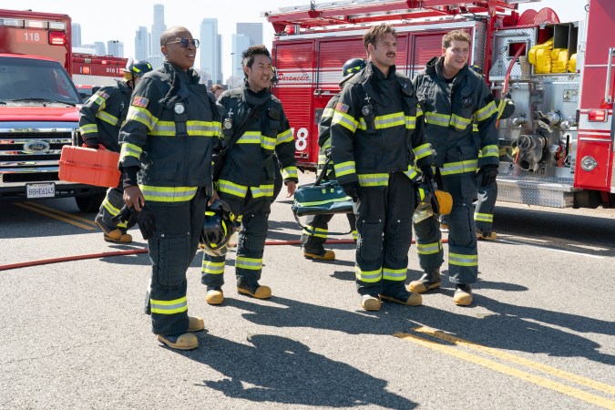 9-1-1 – “Buzzkill” – The 118 team battles an “un-bee-lievable” emergency when a trailer with millions of bees crashes on the streets of Los Angeles, unleashing a swarm. THURSDAY, SEPT. 26 (8:00-9:00 p.m. EDT) on ABC. (Disney/Christopher Willard)AISHA HINDS, KENNETH CHOI, RYAN GUZMAN, OLIVER STARK