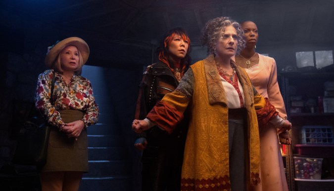 (L-R): Mrs. Hart/Sharon Davis (Debra Jo Rupp), Alice Wu-Gulliver (Ali Ahn), Lilia Calderu (Patti LuPone), and Jennifer Kale (Sasheer Zamata) in Marvel Television's AGATHA ALL ALONG, exclusively on Disney+. Photo by Chuck Zlotnick. © 2024 MARVEL.