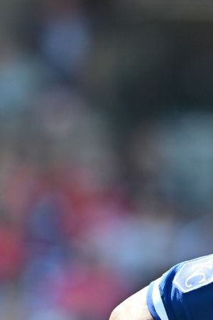 CLEVELAND, OHIO - AUGUST 26: Salvador Perez #13 of the Kansas City Royals runs out a double during the sixth inning of game one of a doubleheader against the Cleveland Guardians at Progressive Field on August 26, 2024, in Cleveland, Ohio. (Photo by Jason Miller/Getty Images)