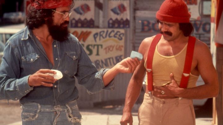 SEPTEMBER 1978: Comedians Tommy Chong and Cheech Marin in a scene from the movie Up In Smoke which was released in September 1978. (Photo by Michael Ochs Archives/Getty Images)