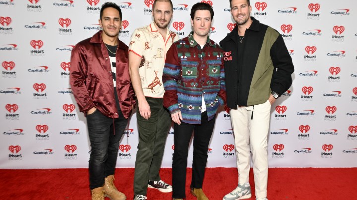 Carlos PenaVega, from left, Kendall Schmidt, Logan Henderson and James Maslow from Big Time Rush arrive at the iHeartRadio Jingle Ball on Friday, Dec. 8, 2023, at Madison Square Garden in New York. (Photo by Evan Agostini/Invision/AP)