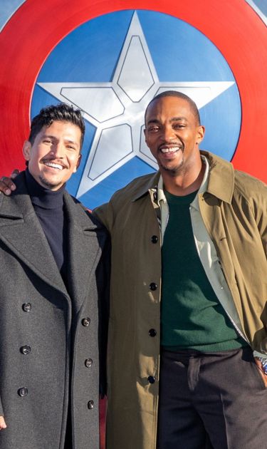 LONDON, ENGLAND - JANUARY 30TH: Danny Ramirez and Anthony Mackie attend the UK Photocall of Marvel Studios' "Captain America: Brave New World" at Trafalgar Square, London on January 30th, 2025. (Photo by StillMoving.Net for The Walt Disney Company Limited)