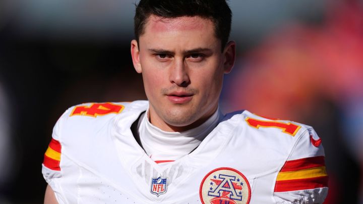 Kansas City Chiefs punter Matt Araiza (14) before an NFL football game Sunday, Jan. 5, 2025, in Denver. (AP Photo/David Zalubowski)